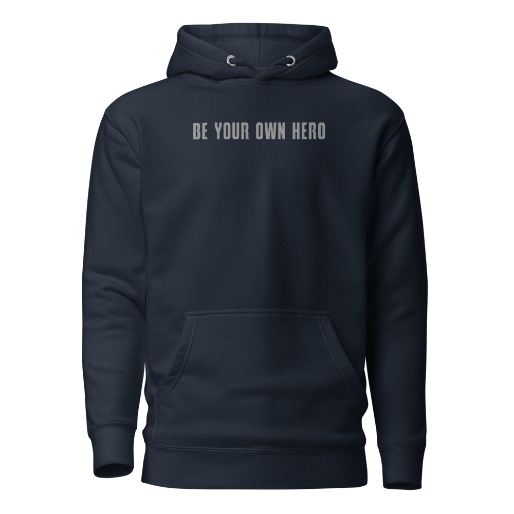 "Be your own here" printed on a navy blazer on an invisible / simulated body