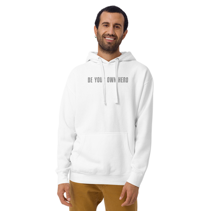 "Be your own here" printed on a white warn by a male