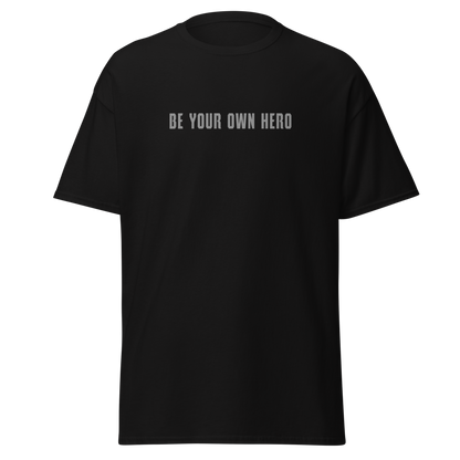 "Be your own here" printed on a black on an invisible body