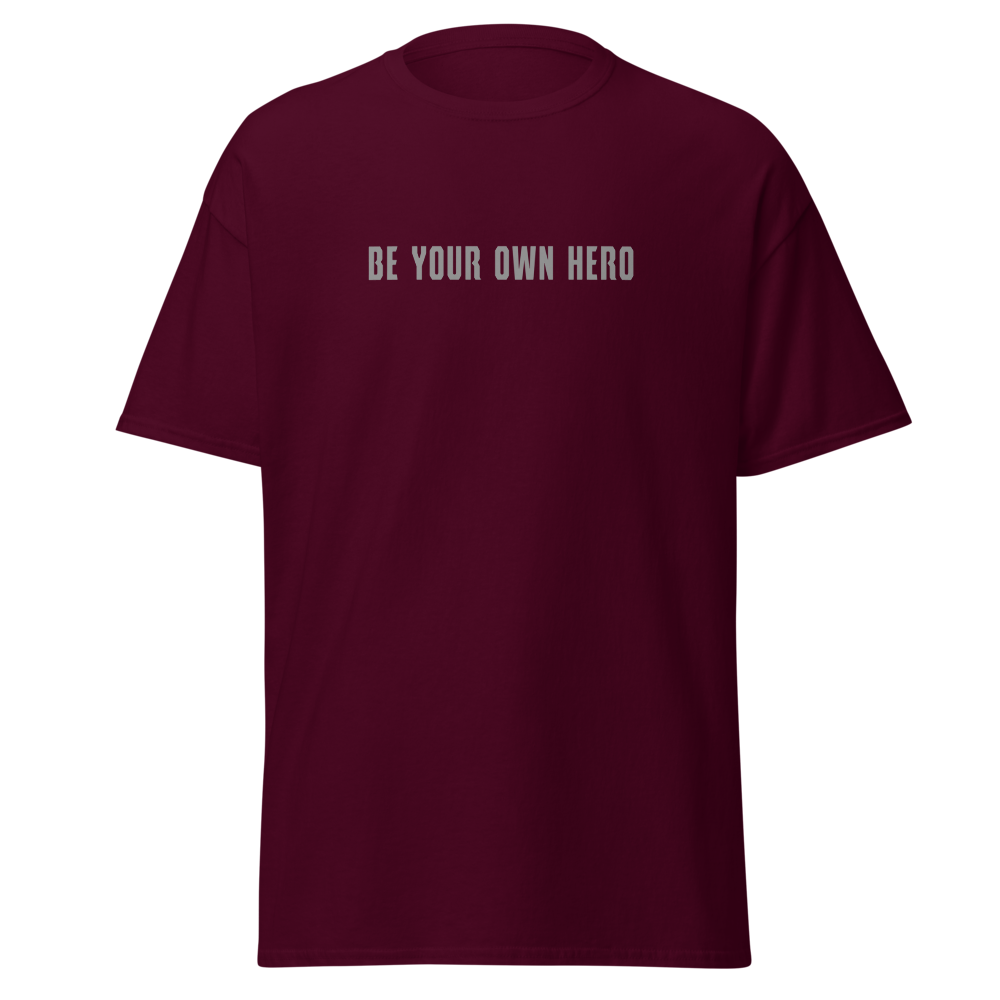 "Be your own here" printed on a maroon on an invisible body