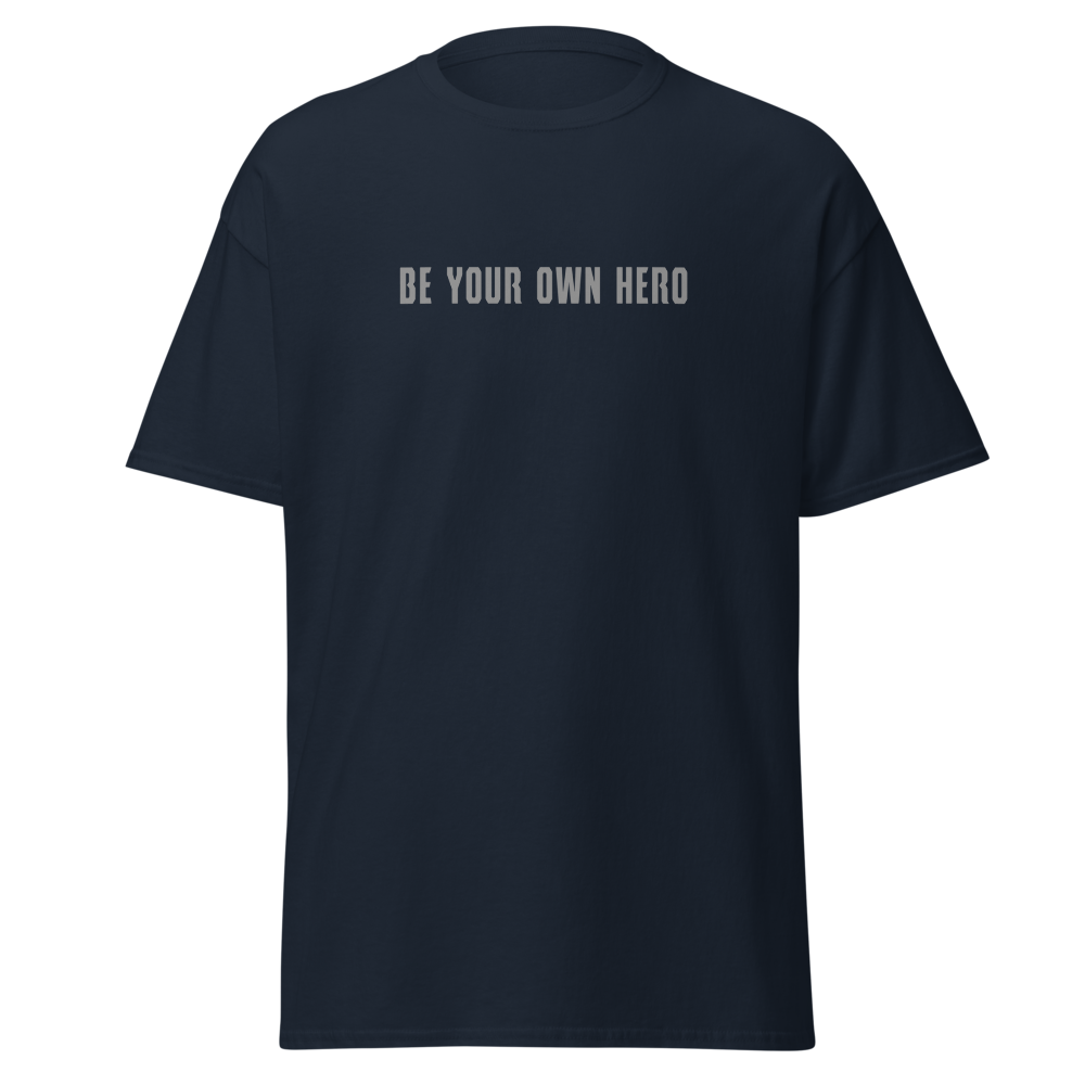 "Be your own here" printed on a navy on an invisible body
