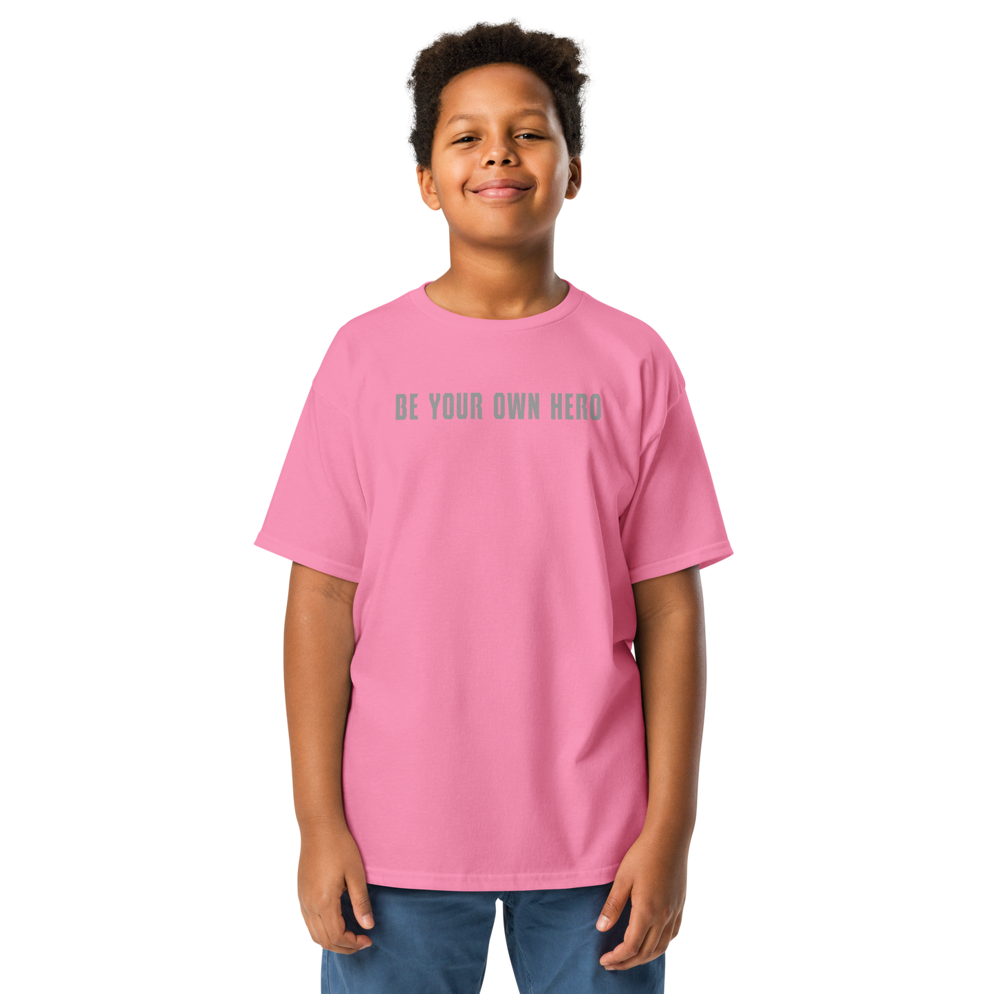"Be your own here" printed on a azalea youth classic tee worn by a male