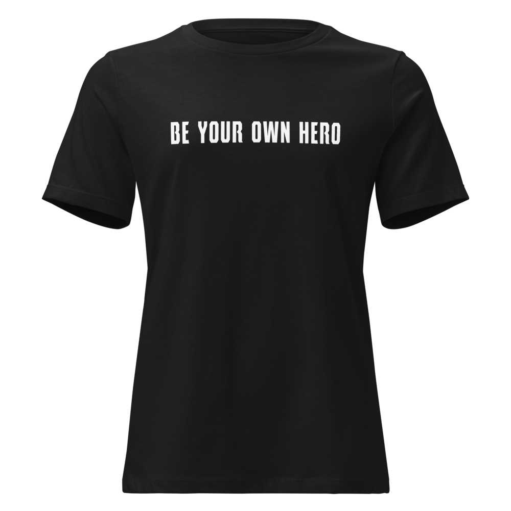 "Be your own here" printed on a black on an invisible / simulated body