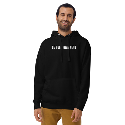 "Be your own here" printed on a black warn by a male