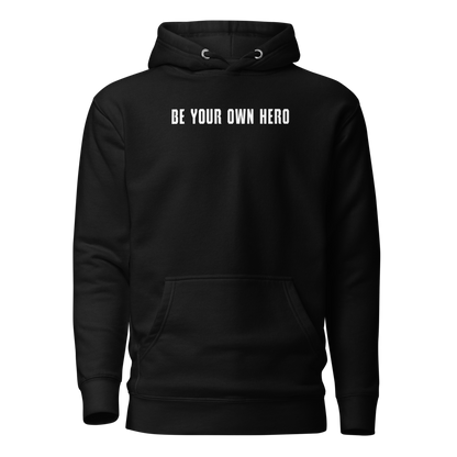 "Be your own here" printed on a black on an invisible / simulated body