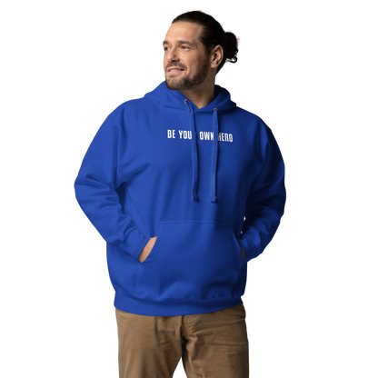 "Be your own here" printed on a team royal unisex hoodie worn by a male