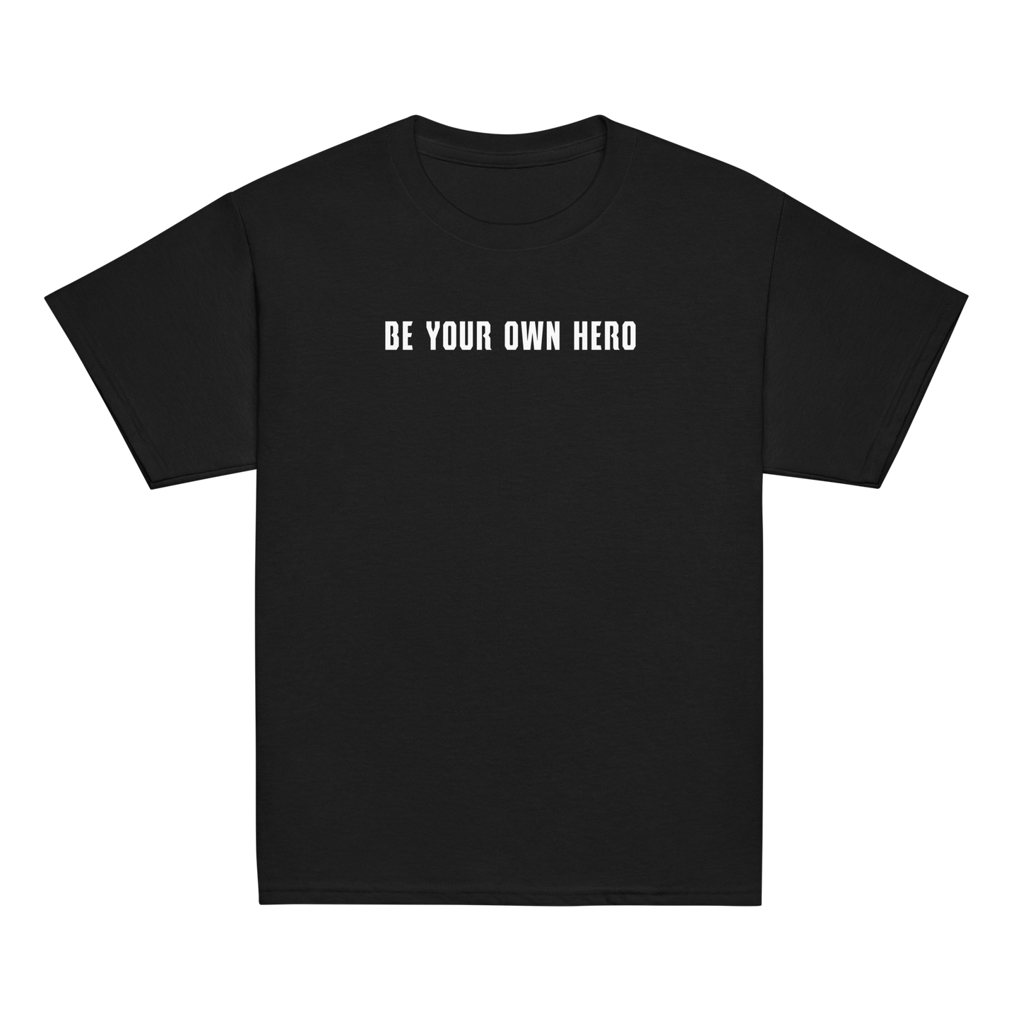 "Be your own here" printed on a black youth classic tee laying on a flat surface