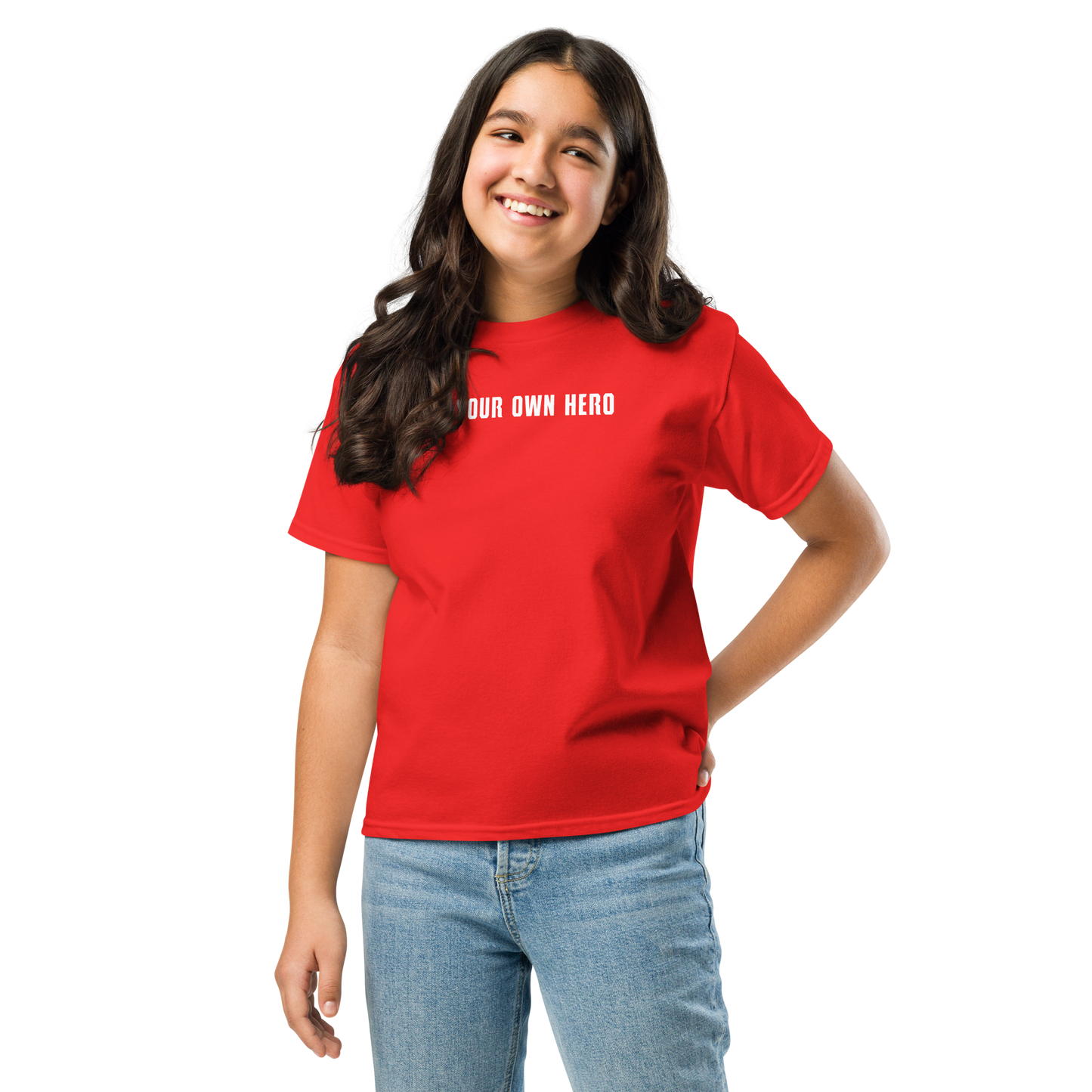 "Be your own here" printed on a red youth classic tee worn by a female