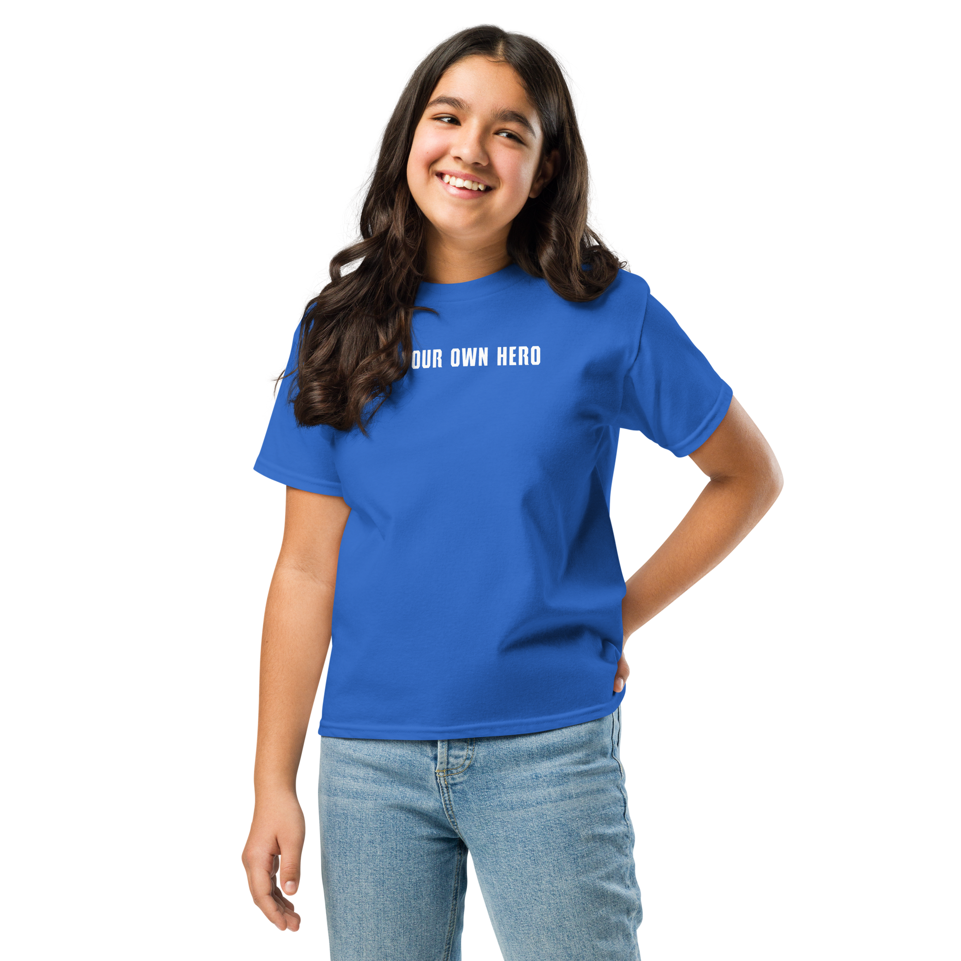 "Be your own here" printed on a royal youth classic tee worn by a female