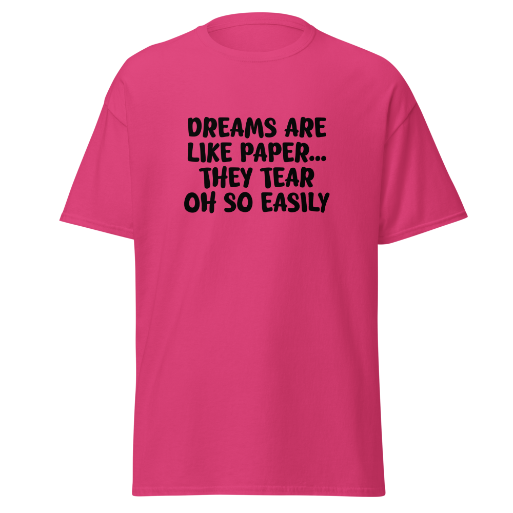 "Dreams are like paper, they tear oh so easily" printed on a heliconia on an invisible body