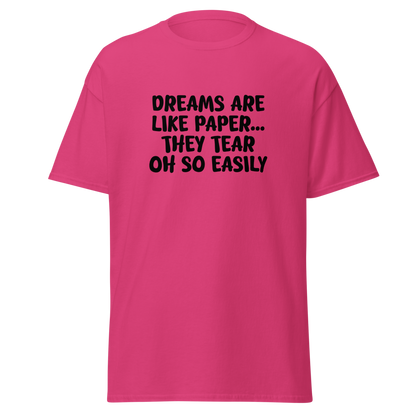 "Dreams are like paper, they tear oh so easily" printed on a heliconia on an invisible body