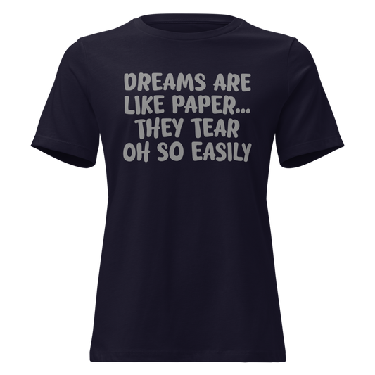 "Dreams are like paper, they tear oh so easily" printed on a navy on an invisible / simulated body