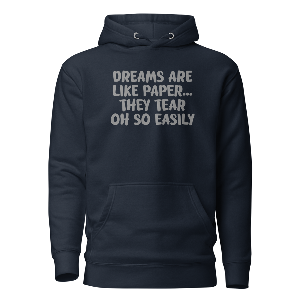 "Dreams are like paper, they tear oh so easily" printed on a navy blazer on an invisible / simulated body