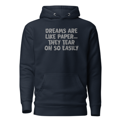 "Dreams are like paper, they tear oh so easily" printed on a navy blazer on an invisible / simulated body