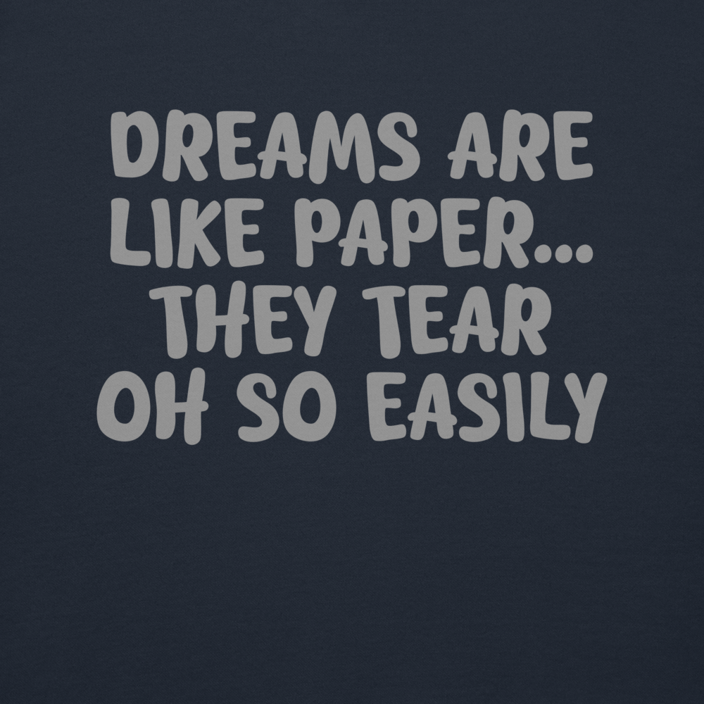 "Dreams are like paper, they tear oh so easily" printed on a navy blazer background