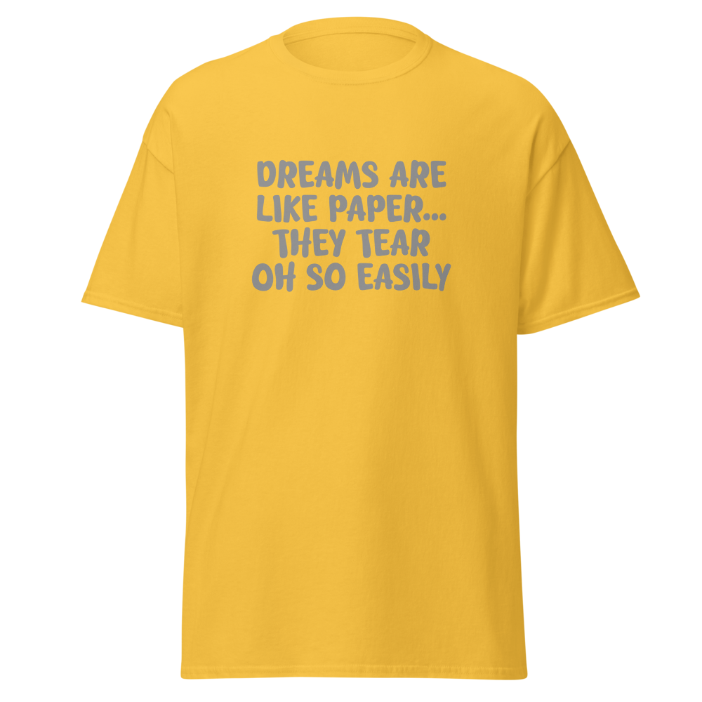 "Dreams are like paper, they tear oh so easily" printed on a daisy on an invisible body