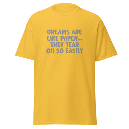 "Dreams are like paper, they tear oh so easily" printed on a daisy on an invisible body