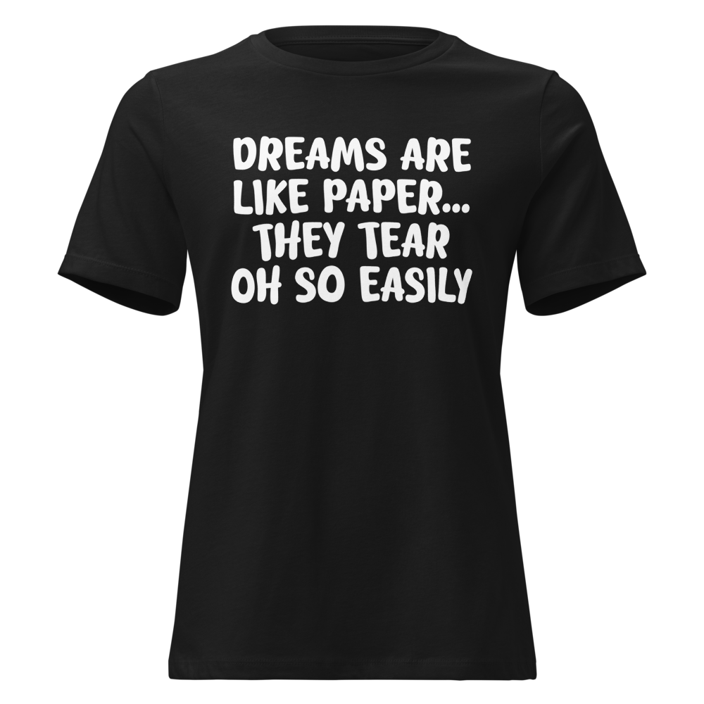 "Dreams are like paper, they tear oh so easily" printed on a black on an invisible / simulated body