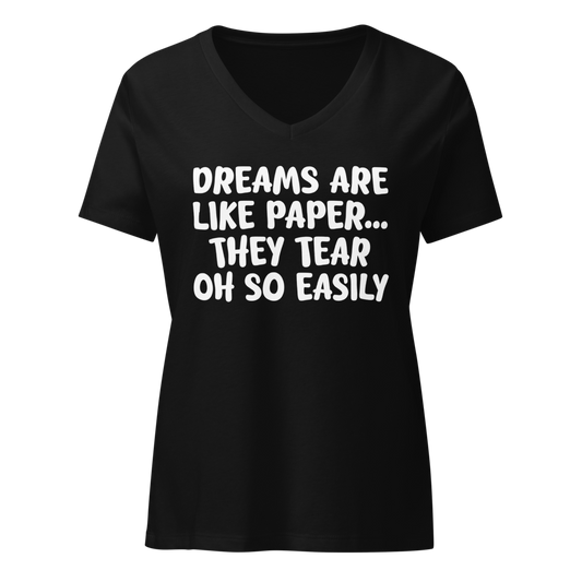 "Dreams are like paper, they tear oh so easily" printed on a solid black blend on an invisible / simulated body