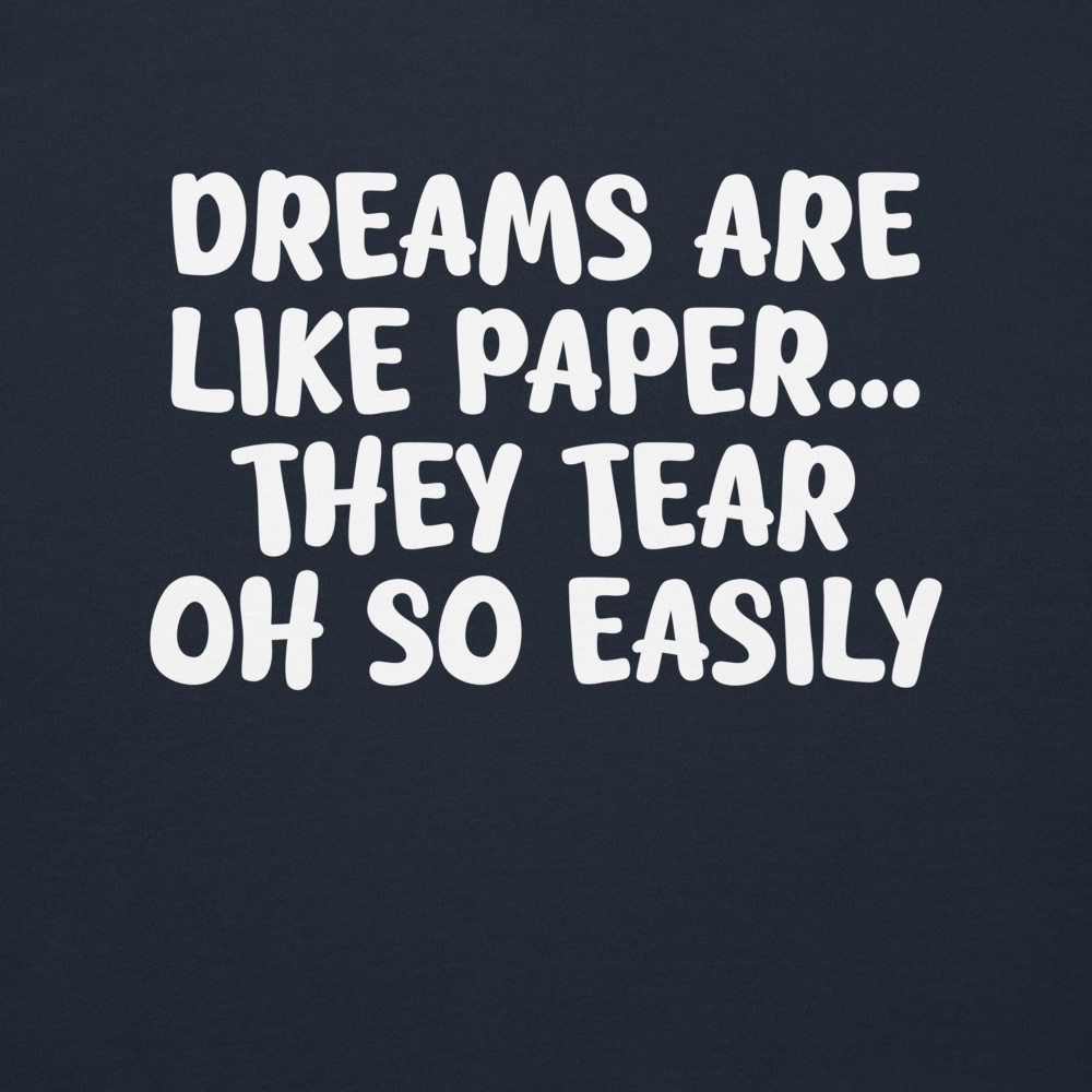 "Dreams are like paper, they tear oh so easily" printed on a navy blazer background