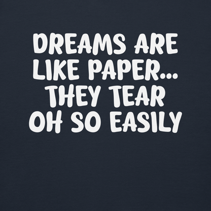 "Dreams are like paper, they tear oh so easily" printed on a navy blazer background