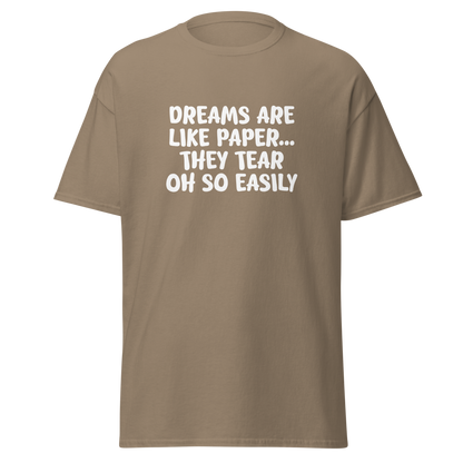 "Dreams are like paper, they tear oh so easily" printed on a brown savana on an invisible body