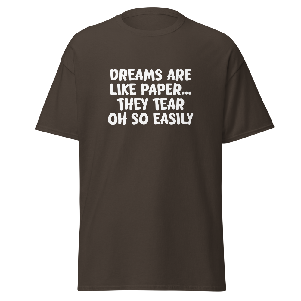 "Dreams are like paper, they tear oh so easily" printed on a dark chocolate on an invisible body