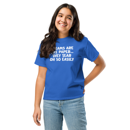 "Dreams are like paper, they tear oh so easily" printed on a royal youth classic tee worn by a female