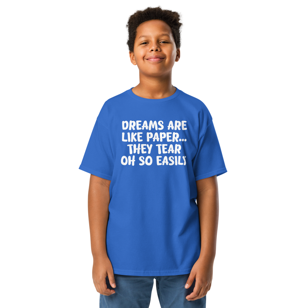 "Dreams are like paper, they tear oh so easily" printed on a royal youth classic tee worn by a male