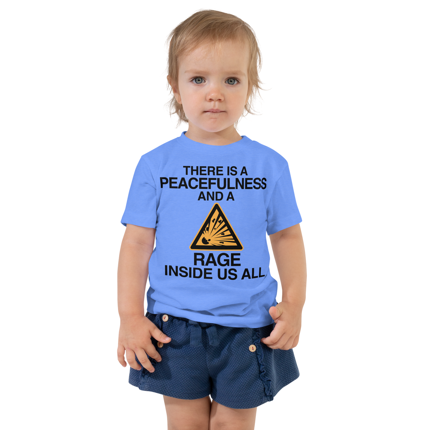 "There is a peacefulness and a rage inside us all" printed on a heather columbia blue toddler short sleeve tee worn by a female