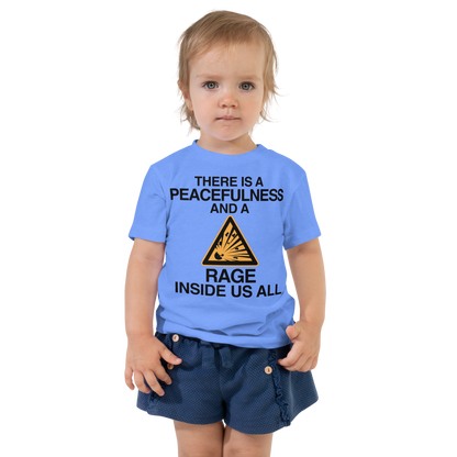 "There is a peacefulness and a rage inside us all" printed on a heather columbia blue toddler short sleeve tee worn by a female