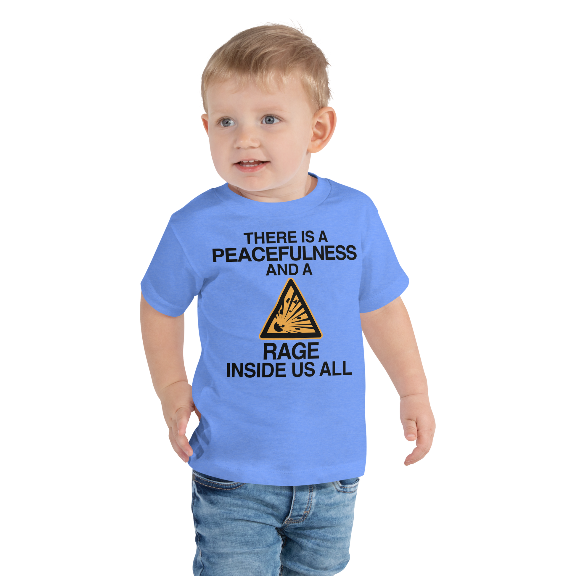 "There is a peacefulness and a rage inside us all" printed on a heather columbia blue toddler short sleeve tee worn by a male