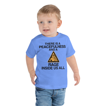 "There is a peacefulness and a rage inside us all" printed on a heather columbia blue toddler short sleeve tee worn by a male