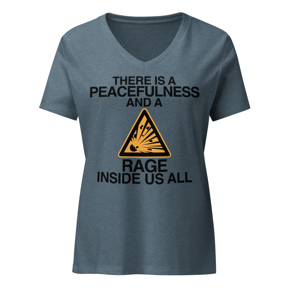 "There is a peacefulness and a rage inside us all" printed on a heather slate on an invisible / simulated body