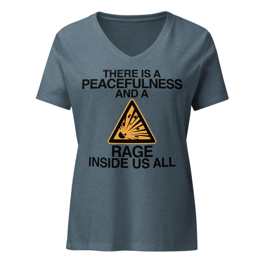 "There is a peacefulness and a rage inside us all" printed on a heather slate on an invisible / simulated body