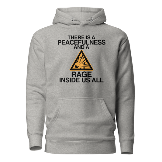 "There is a peacefulness and a rage inside us all" printed on a carbon grey on an invisible / simulated body