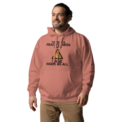 "There is a peacefulness and a rage inside us all" printed on a dusty rose unisex hoodie worn by a male