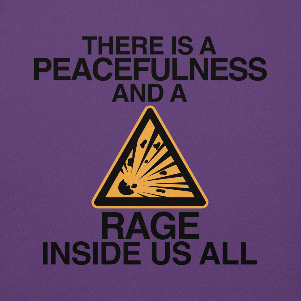 "There is a peacefulness and a rage inside us all" printed on a purple background