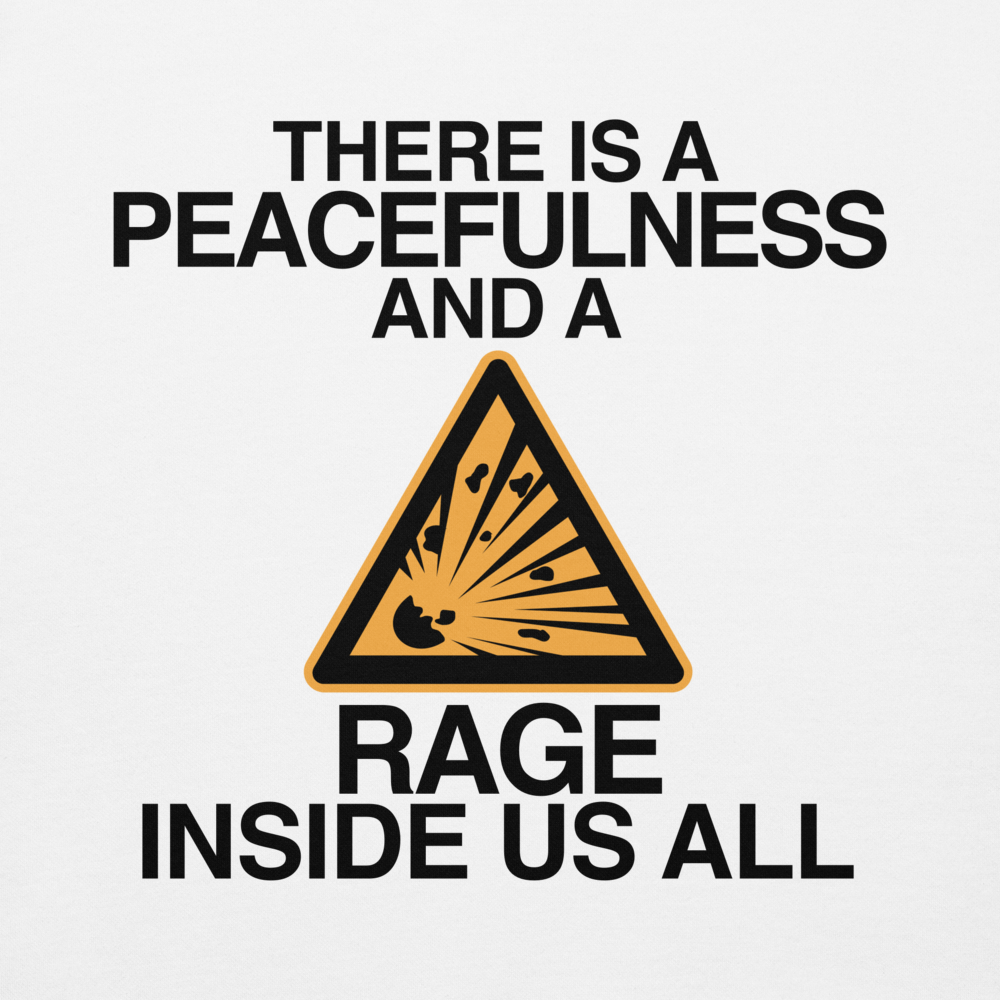 "There is a peacefulness and a rage inside us all" printed on a white background