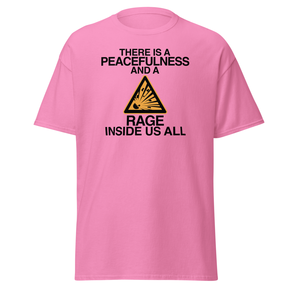 "There is a peacefulness and a rage inside us all" printed on a azalea on an invisible body