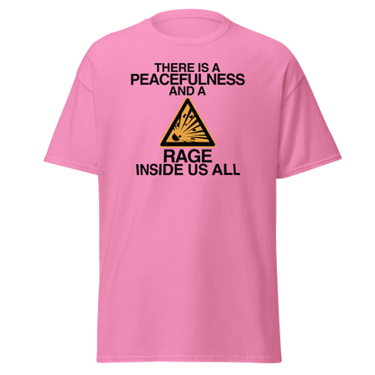 "There is a peacefulness and a rage inside us all" printed on a azalea on an invisible body