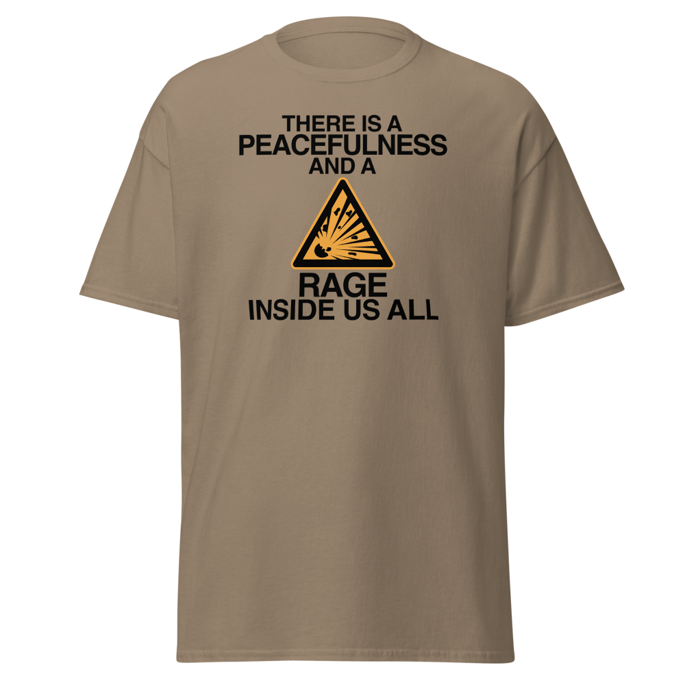 "There is a peacefulness and a rage inside us all" printed on a brown savana on an invisible body
