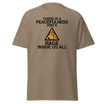 "There is a peacefulness and a rage inside us all" printed on a brown savana on an invisible body