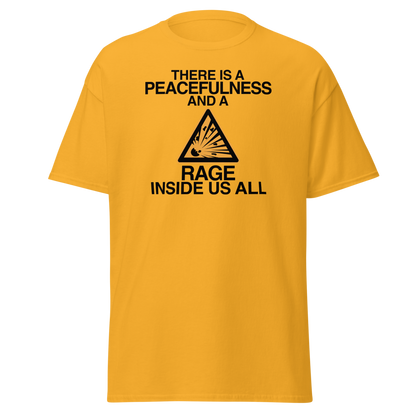 "There is a peacefulness and a rage inside us all" printed on a gold on an invisible body
