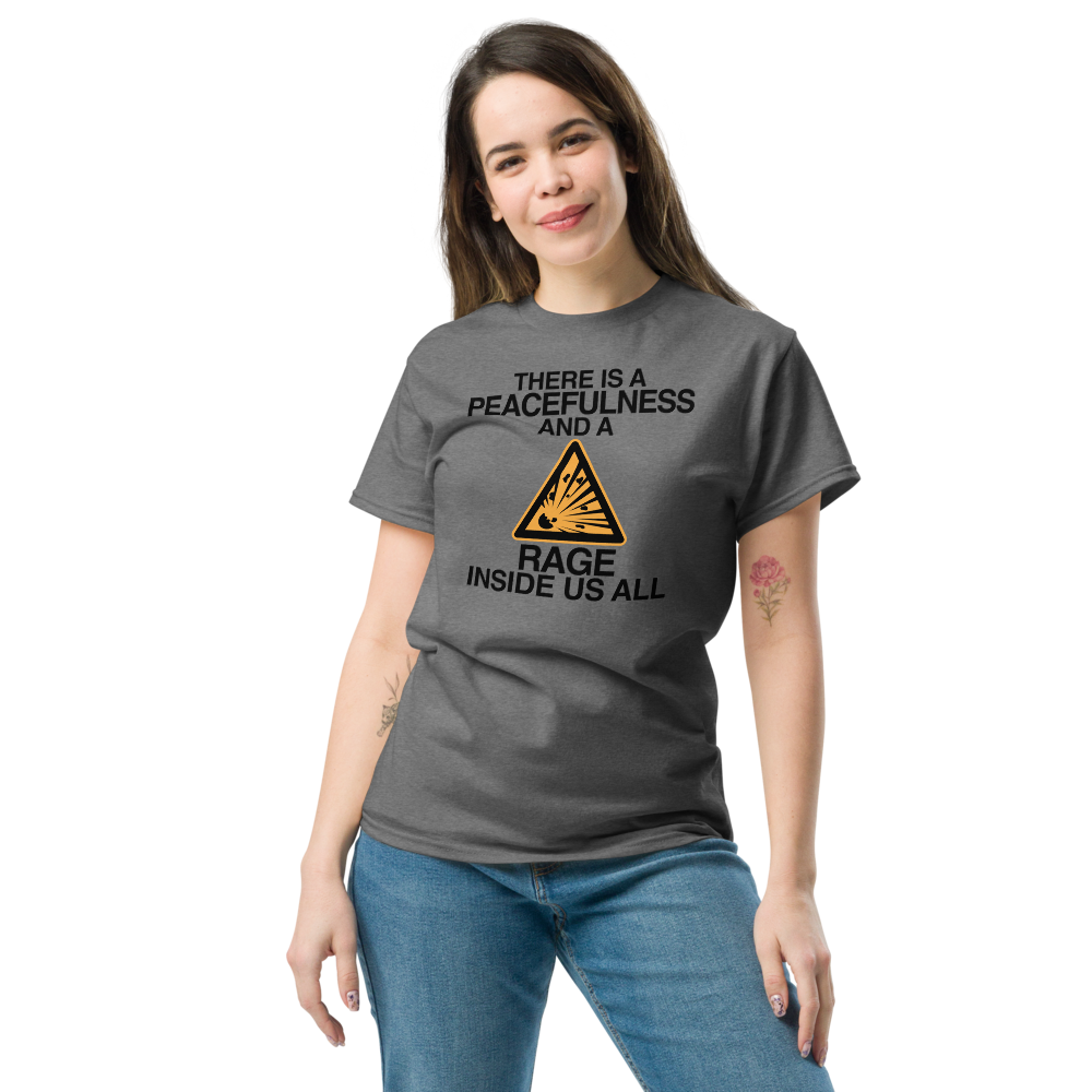"There is a peacefulness and a rage inside us all" printed on a graphite heather unisex classic tee worn by a female