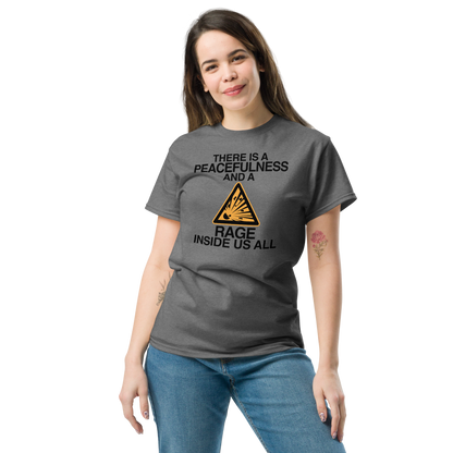 "There is a peacefulness and a rage inside us all" printed on a graphite heather unisex classic tee worn by a female