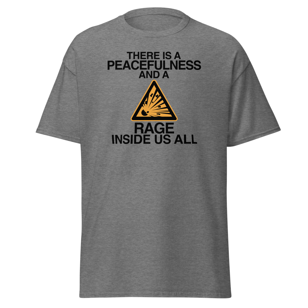 "There is a peacefulness and a rage inside us all" printed on a graphite heather unisex classic tee laying on a flat surface