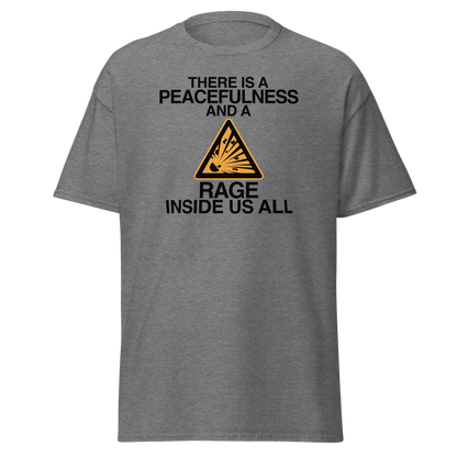 "There is a peacefulness and a rage inside us all" printed on a graphite heather unisex classic tee laying on a flat surface