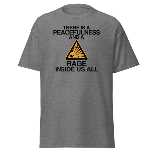 "There is a peacefulness and a rage inside us all" printed on a graphite heather unisex classic tee laying on a flat surface