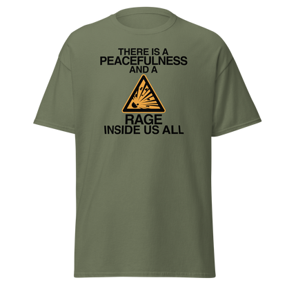 "There is a peacefulness and a rage inside us all" printed on a military green on an invisible body